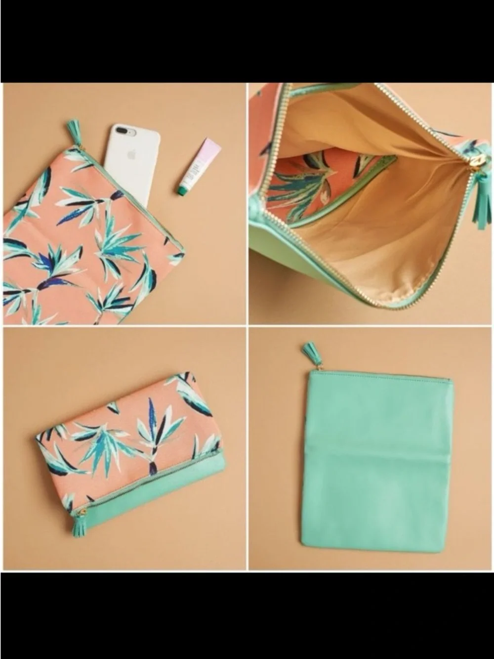 Rachel Pally Reversible Clutch Paradise Tropical Floral Mint Coral Vegan Leather